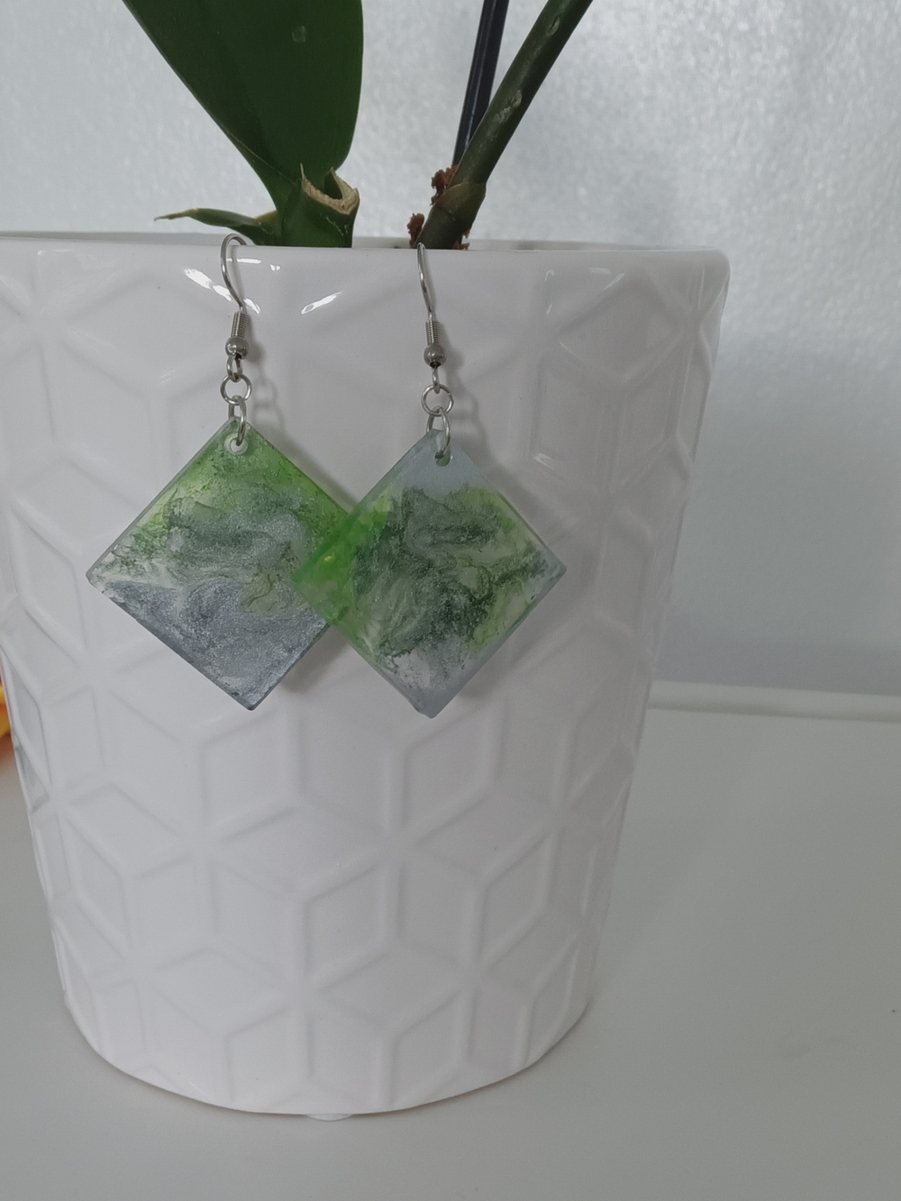 Handmade Green and Silver Resin Diamond Dangle Earrings - Women's Jewelry